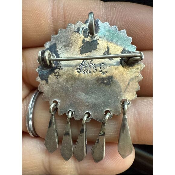 Vintage Mexico Sterling Silver & Turquoise Pendant Brooch Geometric EXCELLENT - Picture 2 of 8